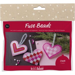 Mini Hobbyset Strijkkralen, Kerstharten, Roze, Lichtroze, Primair Rood, Wit